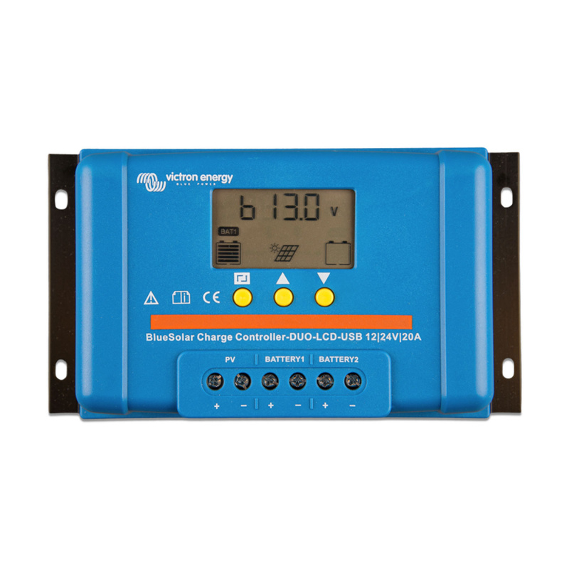 Victron Aurinkosäädin BlueSolar PWM DUO-LCD&USB 12/24V-20A ryhmässä Matkailuvaunu & Matkailuauto / Elektroniikka / Aurinkopaneelit / Aurinkopaneelisäätimet / PWM @ Campmarket (81337)