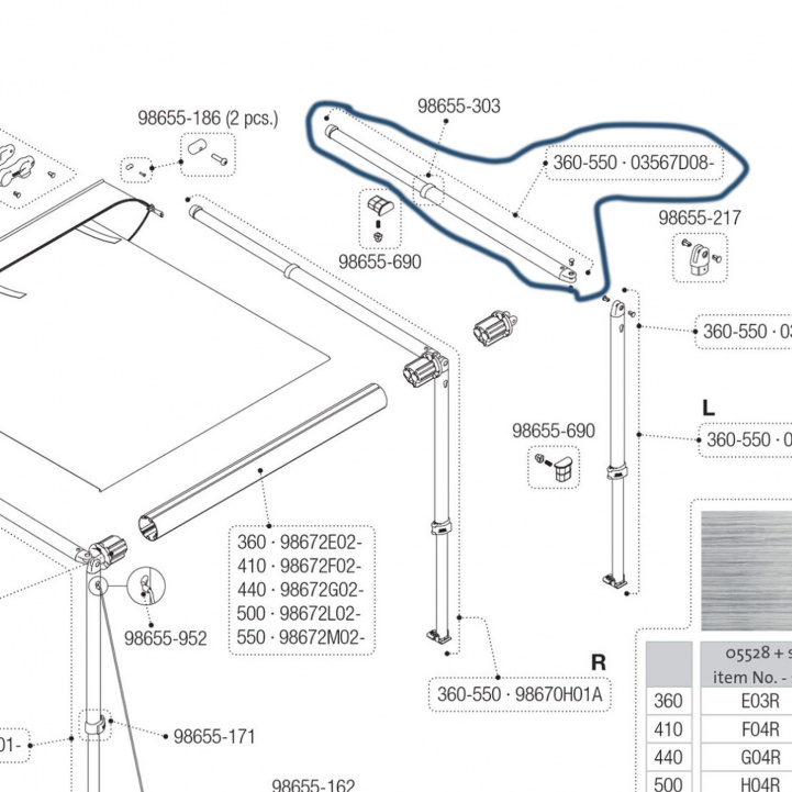 Fiamma Arm 03567D08- Caravanstore XL 360-550 ryhmässä Etuteltat & Markiisit / Markiisit / Matkailuvaunu Markiisit / Varaosat Matkailuvaunun Markiiseihin / Varaosat Caravanstore @ Campmarket (73422_16)