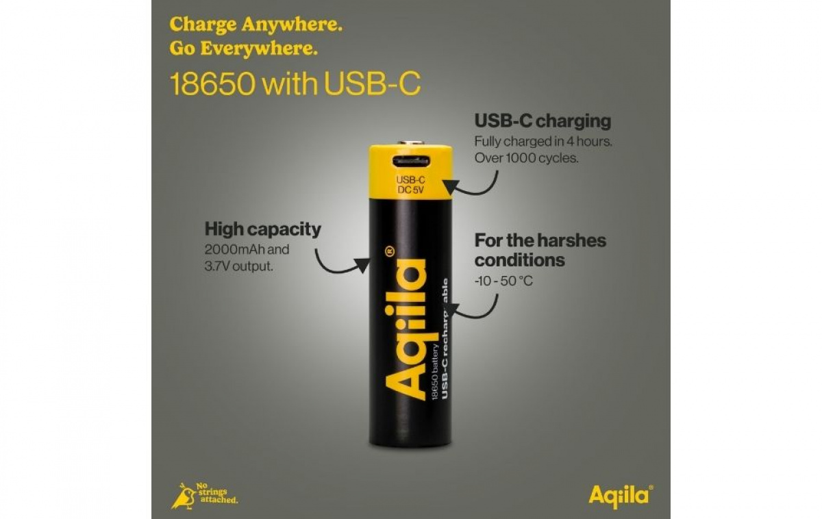 Aqiila Ladattava 18650-Paristo USB-C ryhmässä Matkailuvaunu & Matkailuauto / Elektroniikka / Akut & Muuntimet / Akut @ Campmarket (84006)